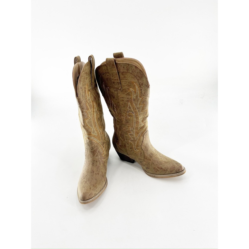 Rollda Cowboy Boots Women 7.5 Tan New NZX01 Embroidered Western Mid-Calf